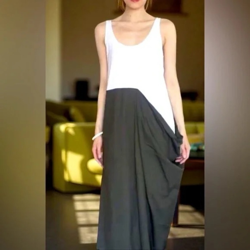 Zara Assymetrical Colorblock Draped Skirt Sleeveless Midi Dress White Green Sz